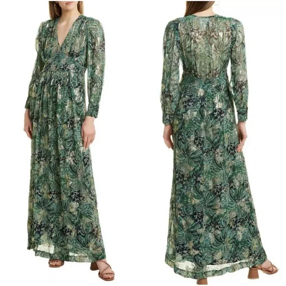 ba&sh | Dresses | Bash Quartz Vneck Tropical Print Maxi Dress In Green Gold  | Poshmark